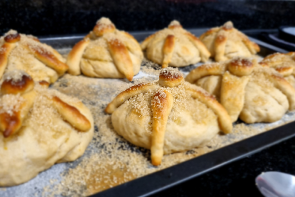 Picture of an oven with Pan de Muerto been baked inside.