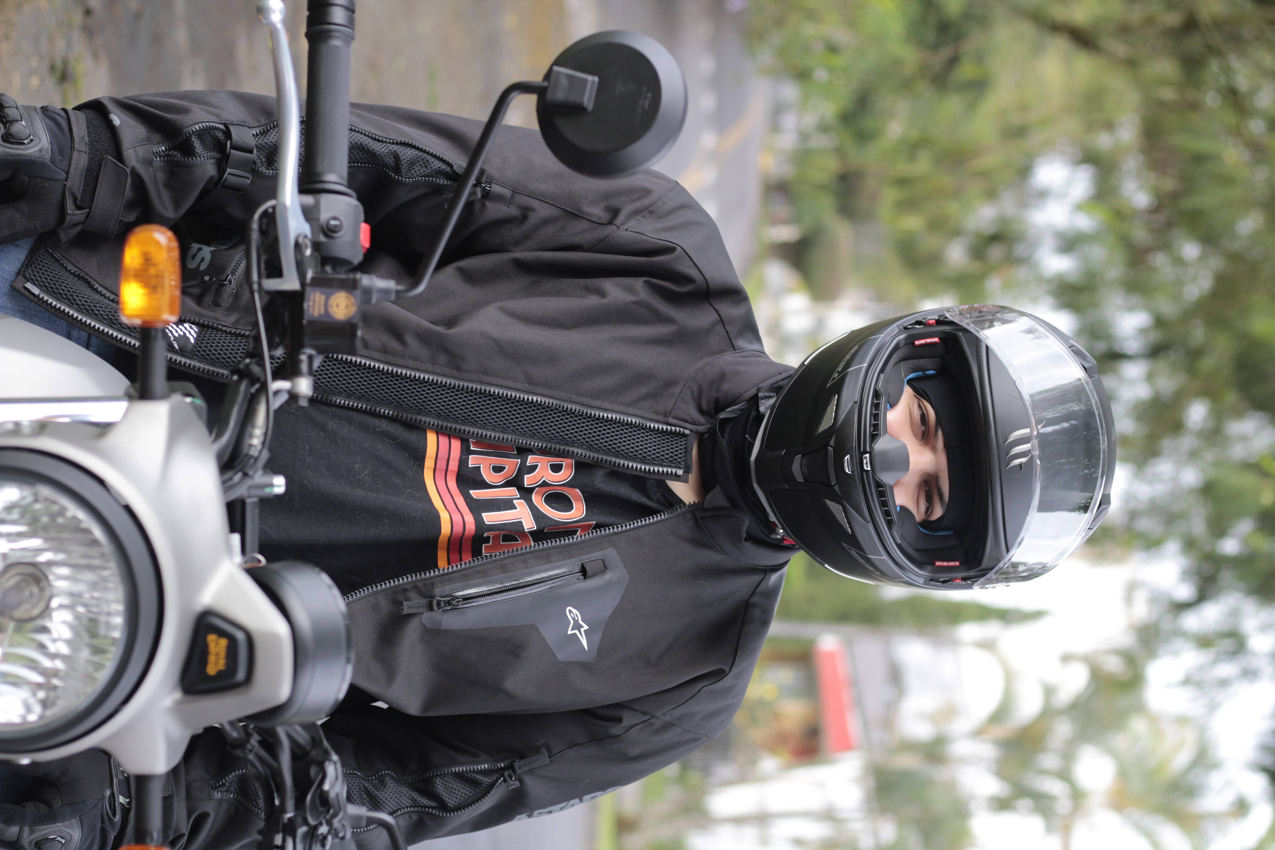 Picture of me on my motorcycle. The motorcycle is a Royal Enfield Scram 411.