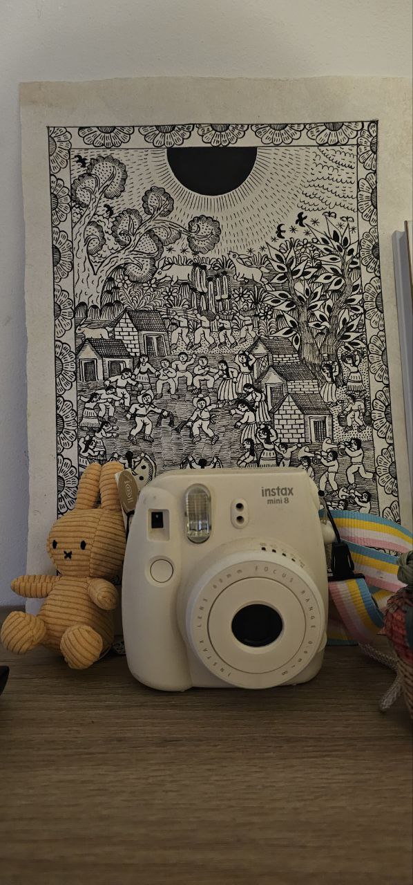 Image of an Instax Mini 8 camera sitting in front of a mexican codex, next to a bunny crotchet plushie.