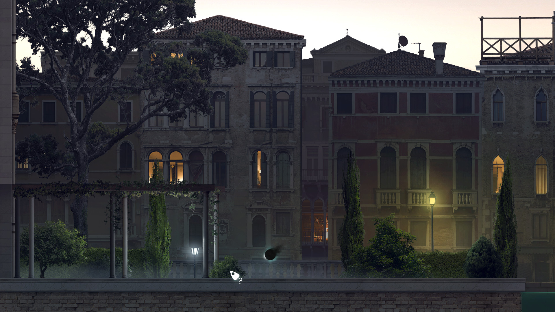 Gameplay screenshot of the Goetia 2 game. The image shows a ghost moving through a courtyard to a lightpost pointed by the user&rsquo;s cursor.