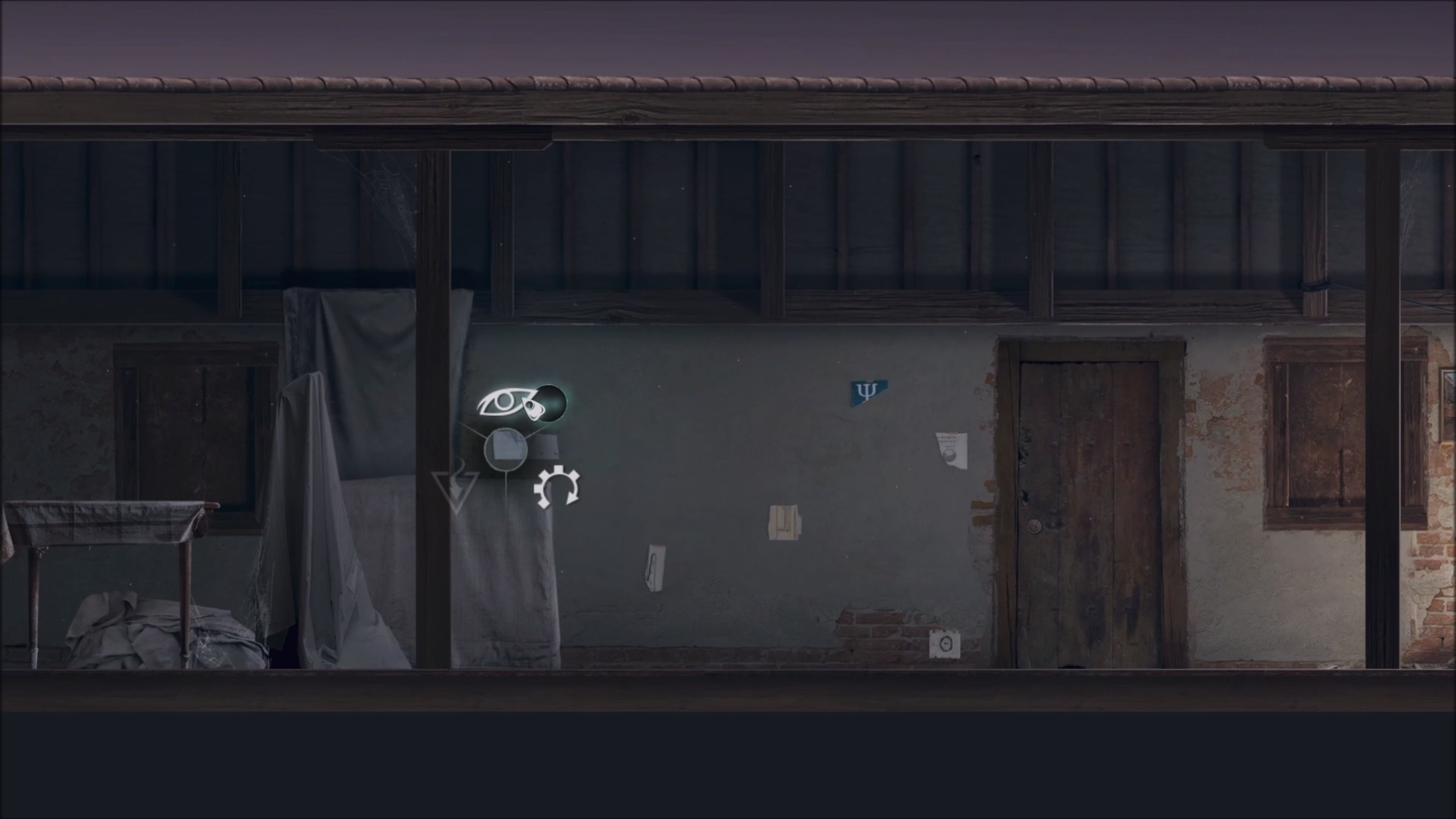 Gameplay screenshot of the Goetia 2 game. The image shows a floating menu with three different actions that the player can do. The player is a ghost that is inside an abandoned room with covered furniture and old posters on the wall.