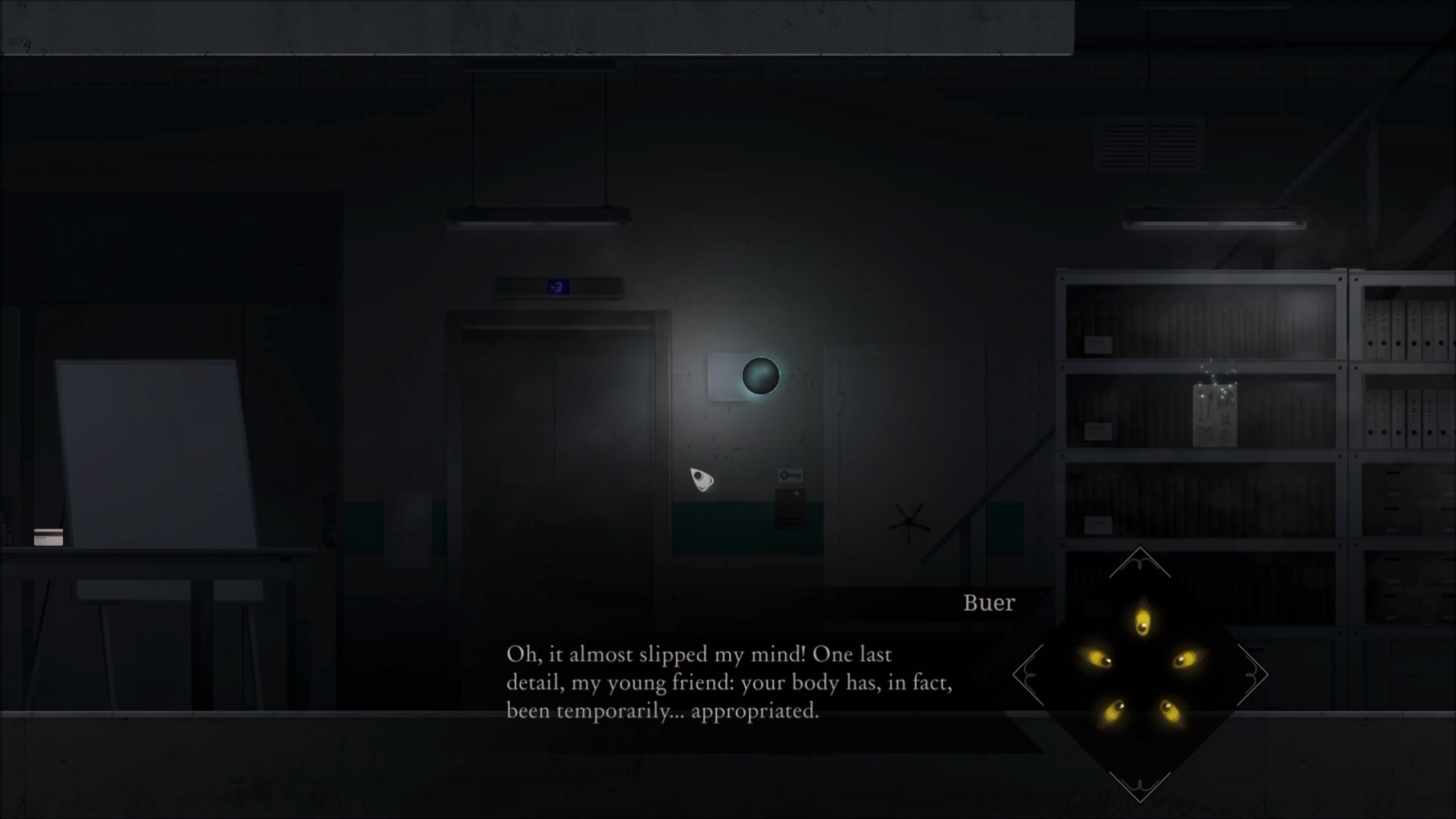 Gameplay screenshot of the Goetia 2 game. You can see the dialog text of one of the charactersi in the game saying, &ldquo;Oh, it almost slipped my mind! One last detail, my young friend: your body has, in fact, been temporarily&hellip; appropriated.&rdquo;
