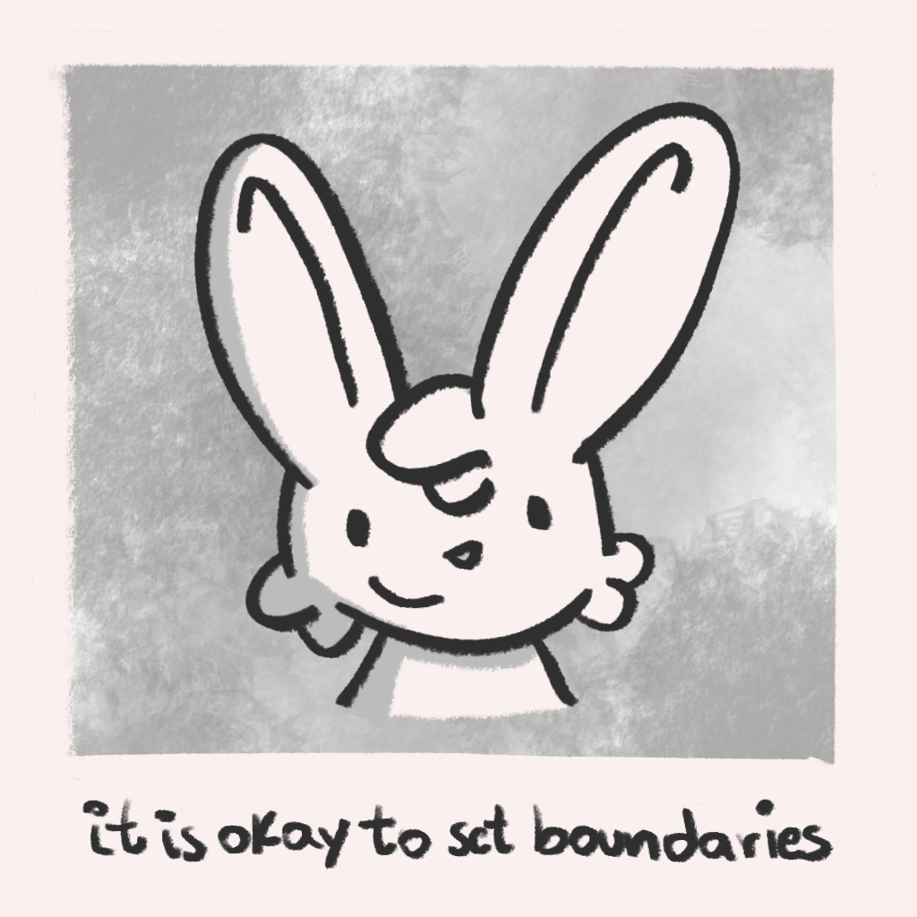 Image of ugly bunny with the phrase &ldquo;it&rsquo;s okay to set boundaries&rdquo; written on under it.